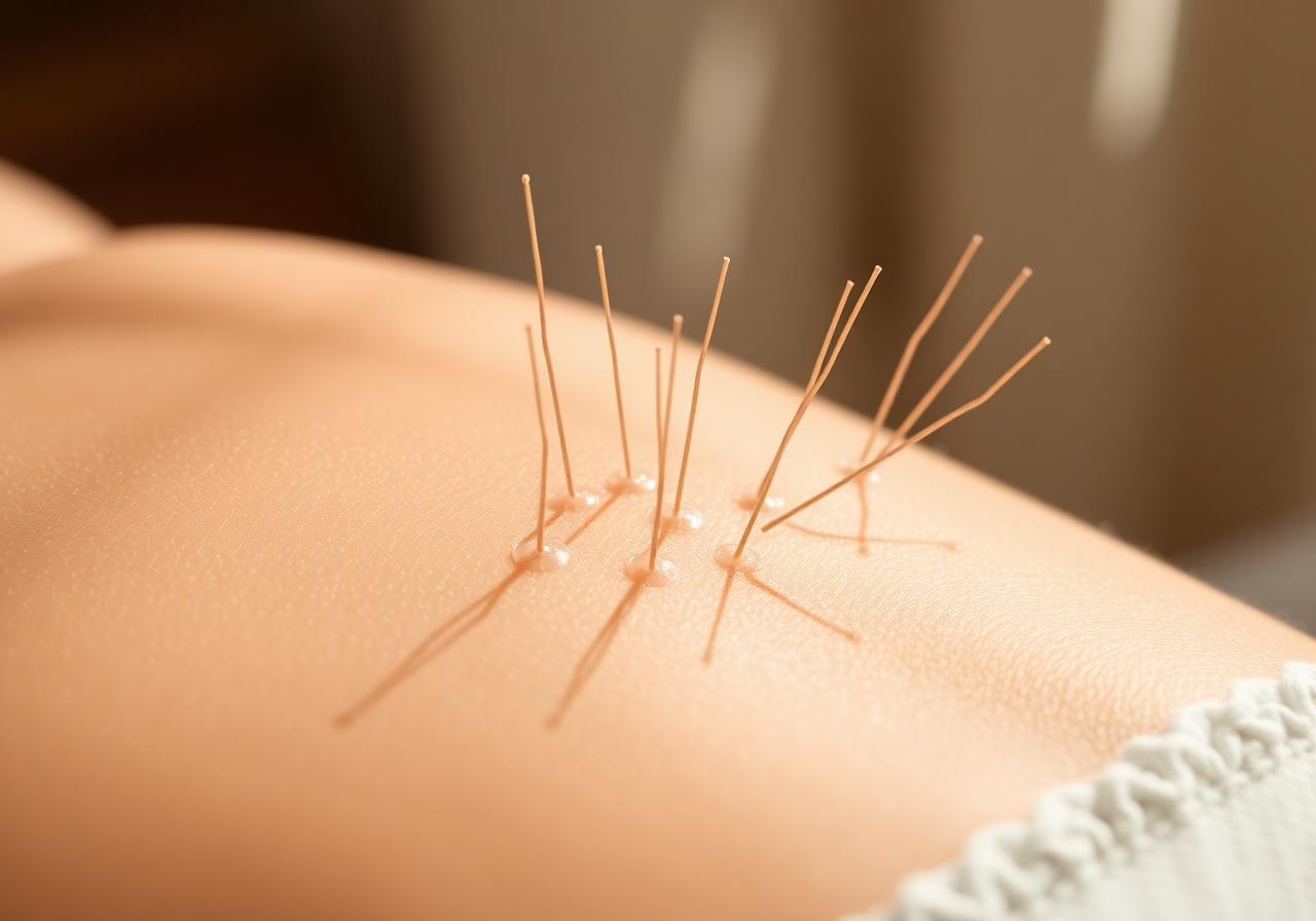 Detail akupunkturních jehel na pokožce v měkkém světle