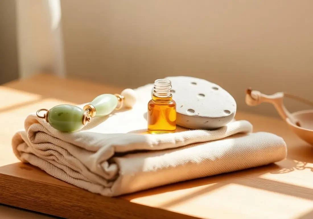 Jadeitový roller, gua sha kámen a olej na lněném ručníku